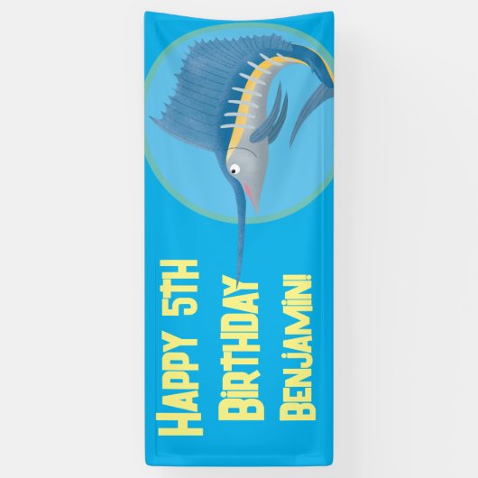 メカジキの漫画のパーソナライズされた誕生日 横断幕 (縦)