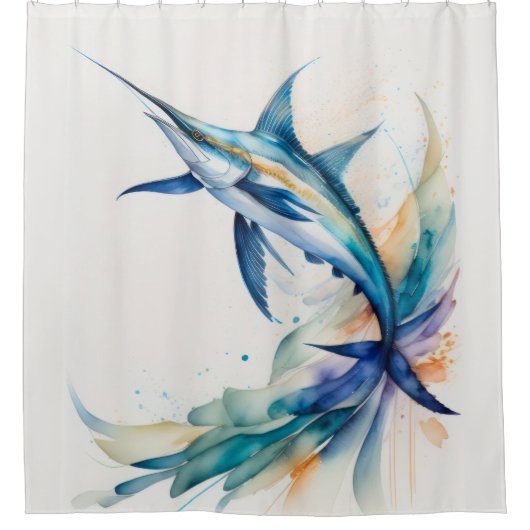 メカジキ絵画の水色 シャワーカーテン (正面)
