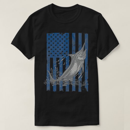 メカジキ魚釣りアメリカンフラッグ深いシー魚釣り Tシャツ (デザイン正面)