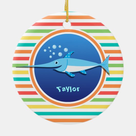 メカジキ;明るいレインボーストライプズ セラミックオーナメント (裏面)