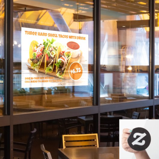 メカスタマイズキシコフード懸命シェルタコスが巨大な飲み物 ウィンドウサイン (レストラン窓)