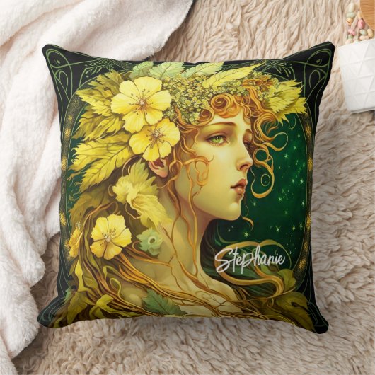 メカニカルイエローフラワーズフォレストフェアリーファンタジー クッション (ブランケット)
