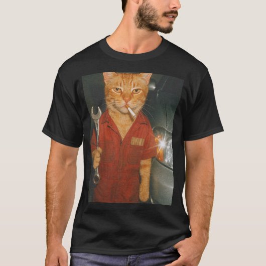 メカニック猫の喫煙ミーム Tシャツ (正面)