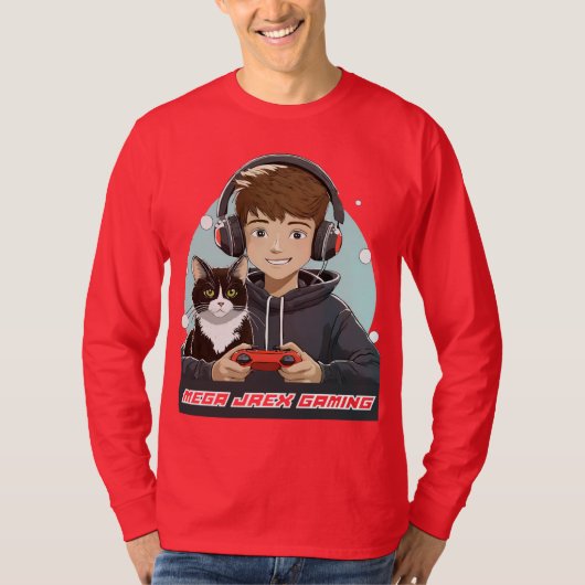 メガジェレックスゲーミングレッド長袖メンズシャツ Tシャツ (正面)