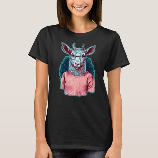 メガネとセーターを着たヤギ – かわいいヤギのプレ Tシャツ (正面)