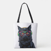 メガネとヘッドフォンが可愛い黒猫 トートバッグ (裏面)