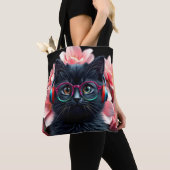 メガネとヘッドフォンが可愛い黒猫 トートバッグ (クローズアップ)