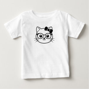 メガネとリボンのかわいい猫の顔の線画 ベビーTシャツ