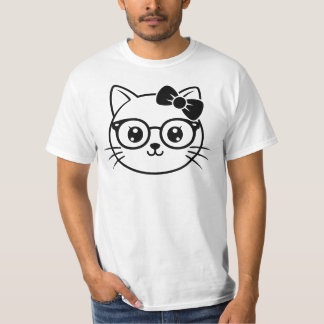 メガネとリボンのかわいい猫の顔の線画 Tシャツ