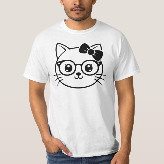 メガネとリボンのかわいい猫の顔の線画 Tシャツ (正面)