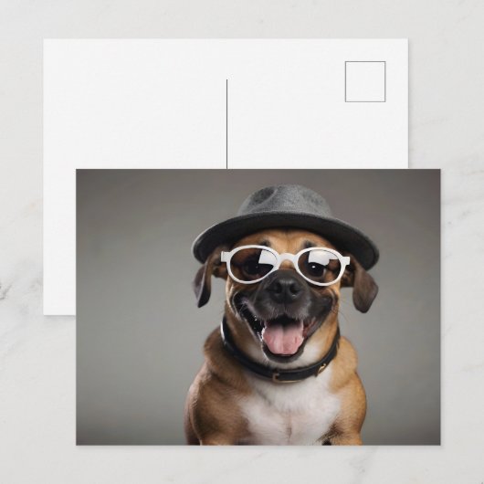 メガネと帽子をかぶったおもしろい犬 ポストカード (正面/裏面)