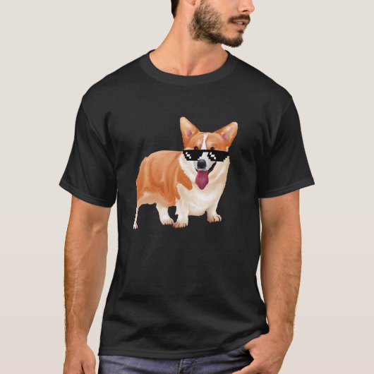 メガネのコーギーの犬のミーム Tシャツ (正面)