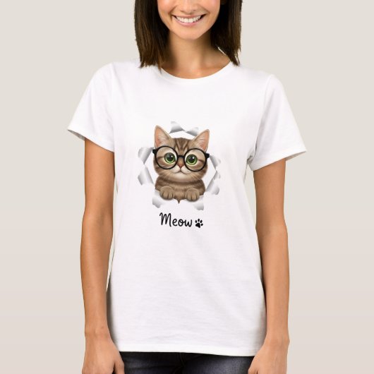 メガネの猫好きTシャツ - 女性用 Tシャツ (正面)