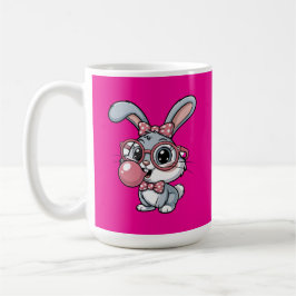 メガネをかけたかわいいウサギが風船ガムを膨らませている コーヒーマグカップ