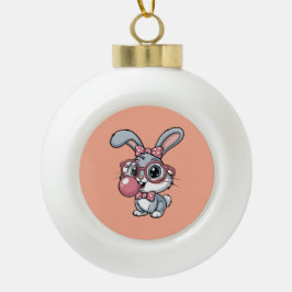 メガネをかけたかわいいウサギが風船ガムを膨らませている セラミックボールオーナメント