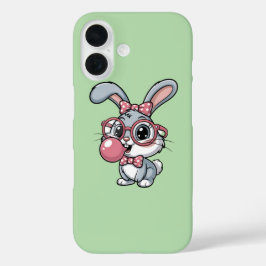 メガネをかけたかわいいウサギが風船ガムを膨らませている iPhone 16ケース