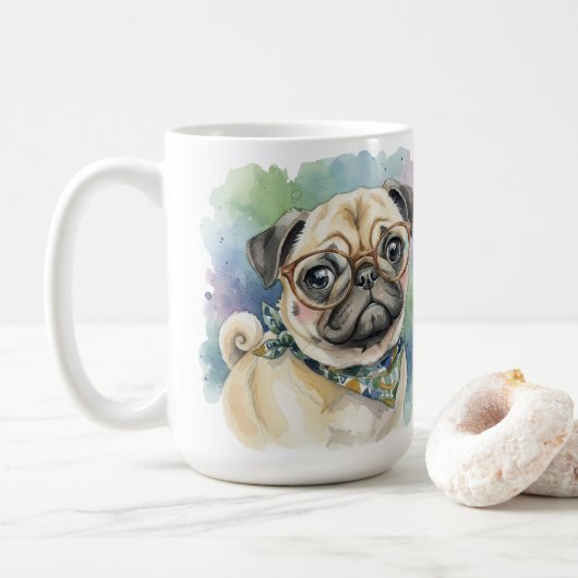 メガネをかけたかわいいパグの水彩画 コーヒーマグカップ (ドーナツ)
