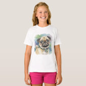 メガネをかけたかわいいパグの水彩画 Tシャツ (正面フル)