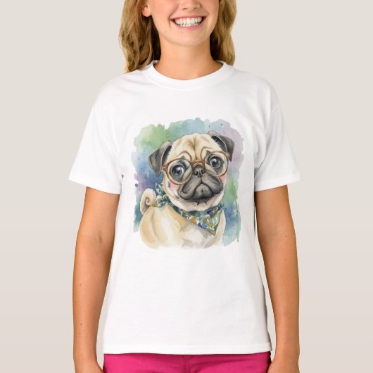 メガネをかけたかわいいパグの水彩画 Tシャツ (正面)