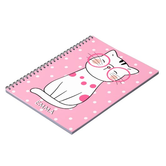 メガネをかけたかわいい白猫 & 水玉模様 ノートブック (左側)