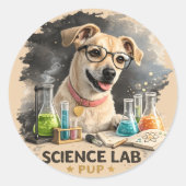 メガネをかけたかわいい科学者わんこ ラウンドシール (正面)