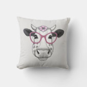 メガネをかけたかわいい笑顔の牛 クッション (正面)