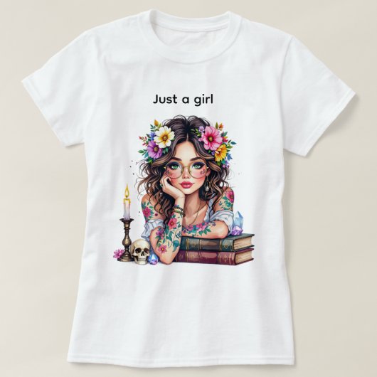 メガネをかけたかわいい花の本のキャンドルガール Tシャツ (デザイン正面)