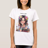 メガネをかけたかわいい花の本のキャンドルガール Tシャツ (正面)