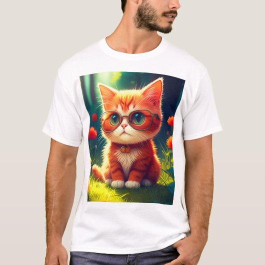 メガネをかけたかわいい赤い子猫–365478 Tシャツ (正面)