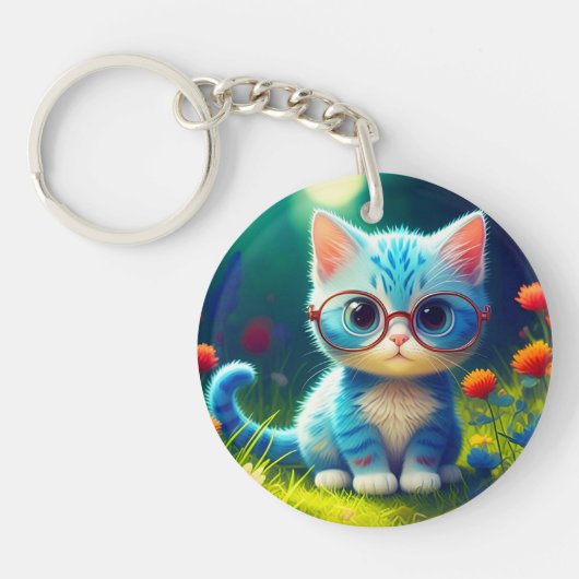 メガネをかけたかわいい青い子猫-47067 キーホルダー (正面)