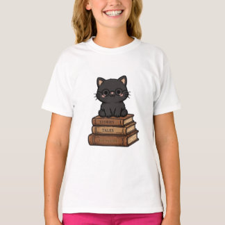 メガネをかけたかわいい黒猫と本 - 読書好きさん必見 Tシャツ
