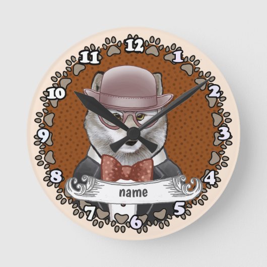 メガネをかけたオオカミ ラウンド壁時計 (正面)