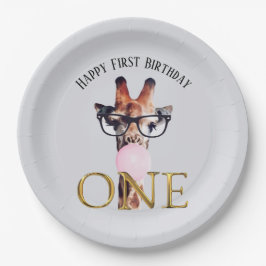 メガネをかけたキリンの風船ガム 誕生日 ペーパープレート