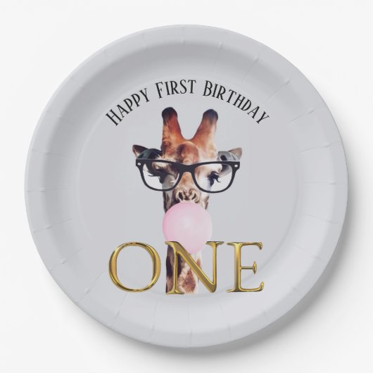 メガネをかけたキリンの風船ガム 誕生日 ペーパープレート (正面)