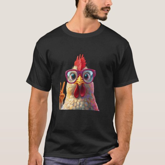メガネをかけたニワトリのピースサインが可愛い Tシャツ (正面)