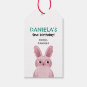 メガネをかけたピンクのウサギの女の子の誕生日パーティー ギフトタグ (正面)