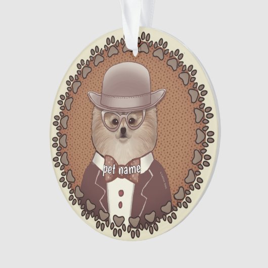 メガネをかけたポメラニアンの飾り オーナメント (正面)