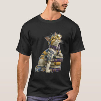 メガネをかけた本の虫ネコ、ページをめくる Tシャツ