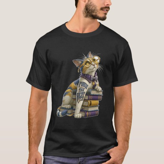 メガネをかけた本の虫ネコ、ページをめくる Tシャツ (正面)