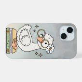 メガネをかけた本を読むかわいいガチョウのイラスト iPhone 15ケース (裏面横)