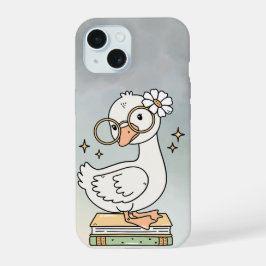 メガネをかけた本を読むかわいいガチョウのイラスト iPhone 15ケース