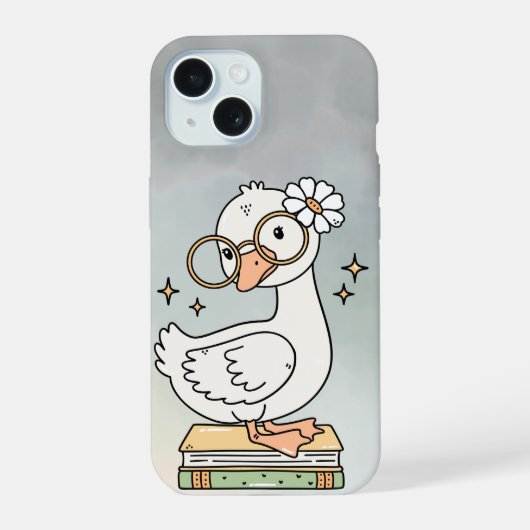 メガネをかけた本を読むかわいいガチョウのイラスト iPhone 15ケース (裏面)