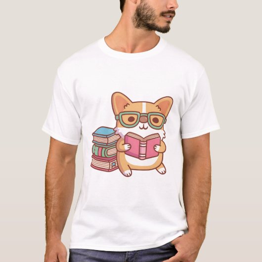 メガネをかけた本を読むかわいいコーギー Tシャツ (正面)