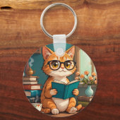 メガネをかけた本を読むかわいい猫 キーホルダー (裏面)