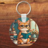 メガネをかけた本を読むかわいい猫 キーホルダー (正面)