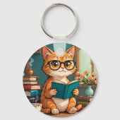 メガネをかけた本を読むかわいい猫 キーホルダー (裏面)