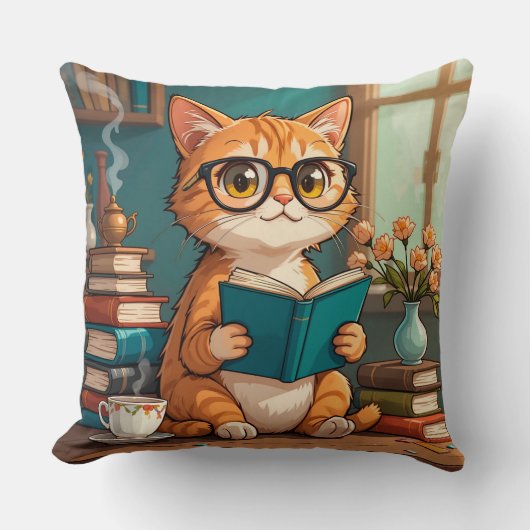 メガネをかけた本を読むかわいい猫 クッション (正面)