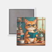 メガネをかけた本を読むかわいい猫 マグネット (正面/裏面)
