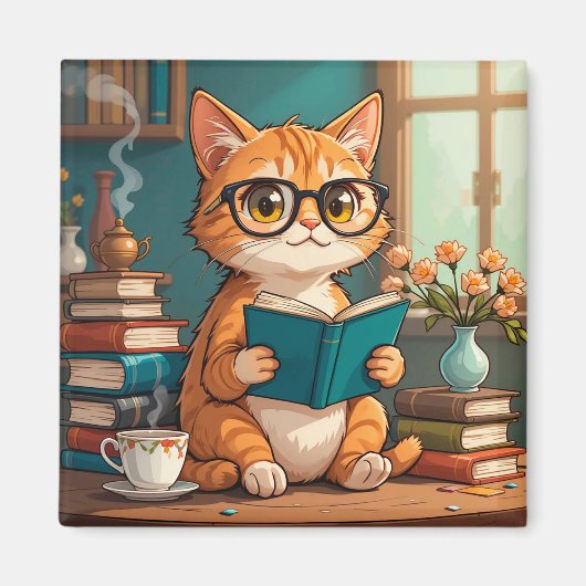 メガネをかけた本を読むかわいい猫 マグネット (正面)