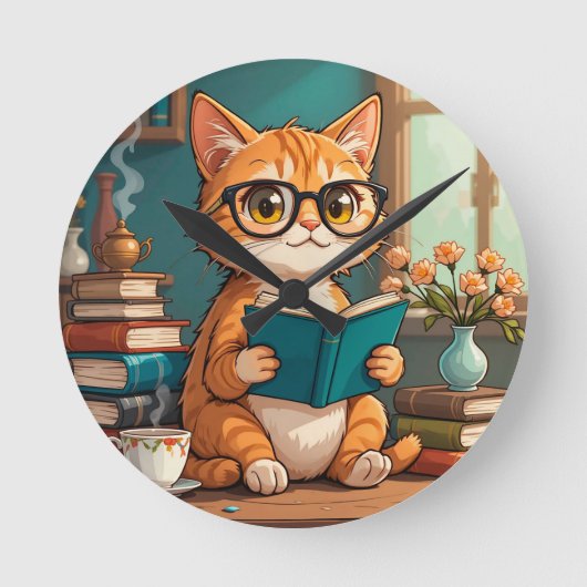 メガネをかけた本を読むかわいい猫 ラウンド壁時計 (正面)